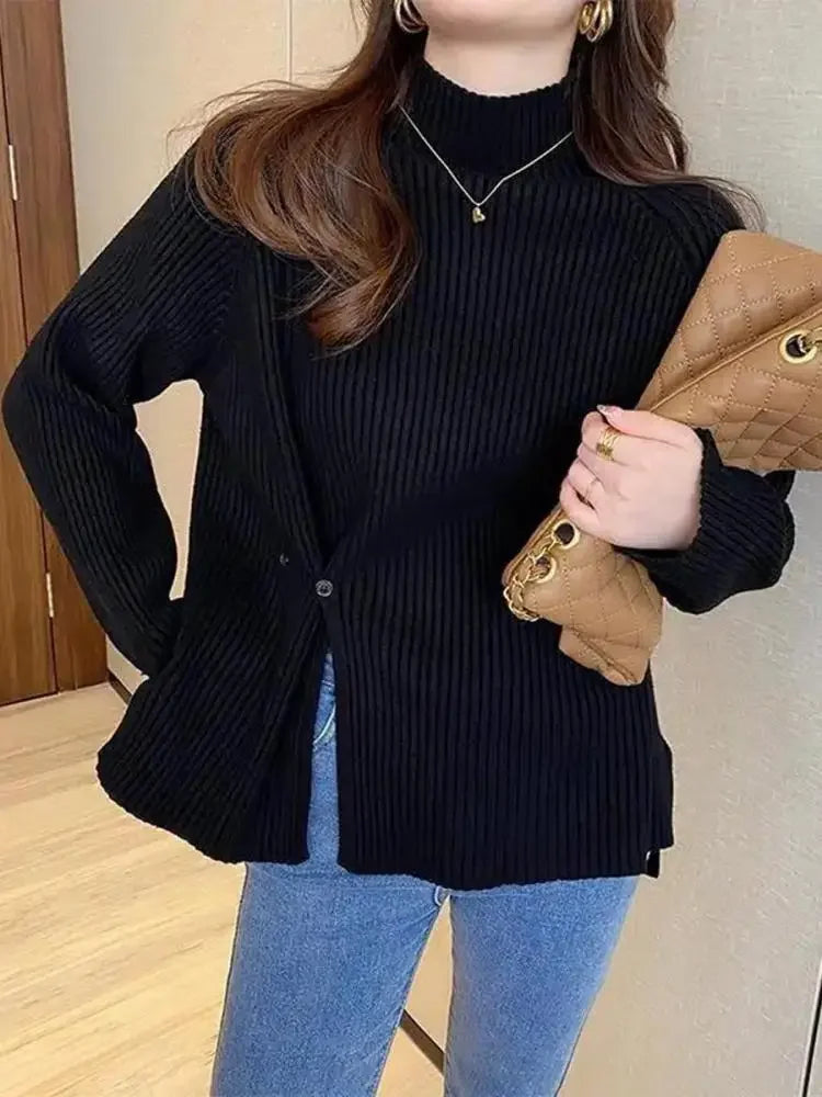 Women Sweater Pullovers Turtleneck Casual Autumn Winter Split Fork Button Chic Sweater Female Knit Top Soft Jumper Tops