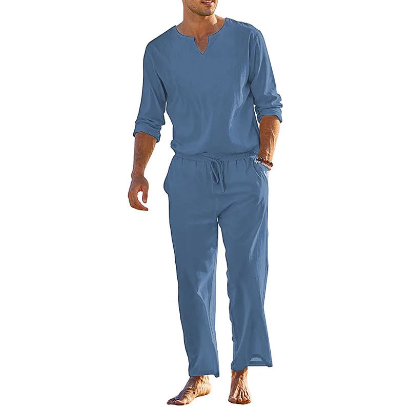 Men's Summer Cotton Linen Clothes Solid Color Long Sleeve Henley Shirt Elastic Waist Drawstring Pants 2 Pieces Loungewear Set