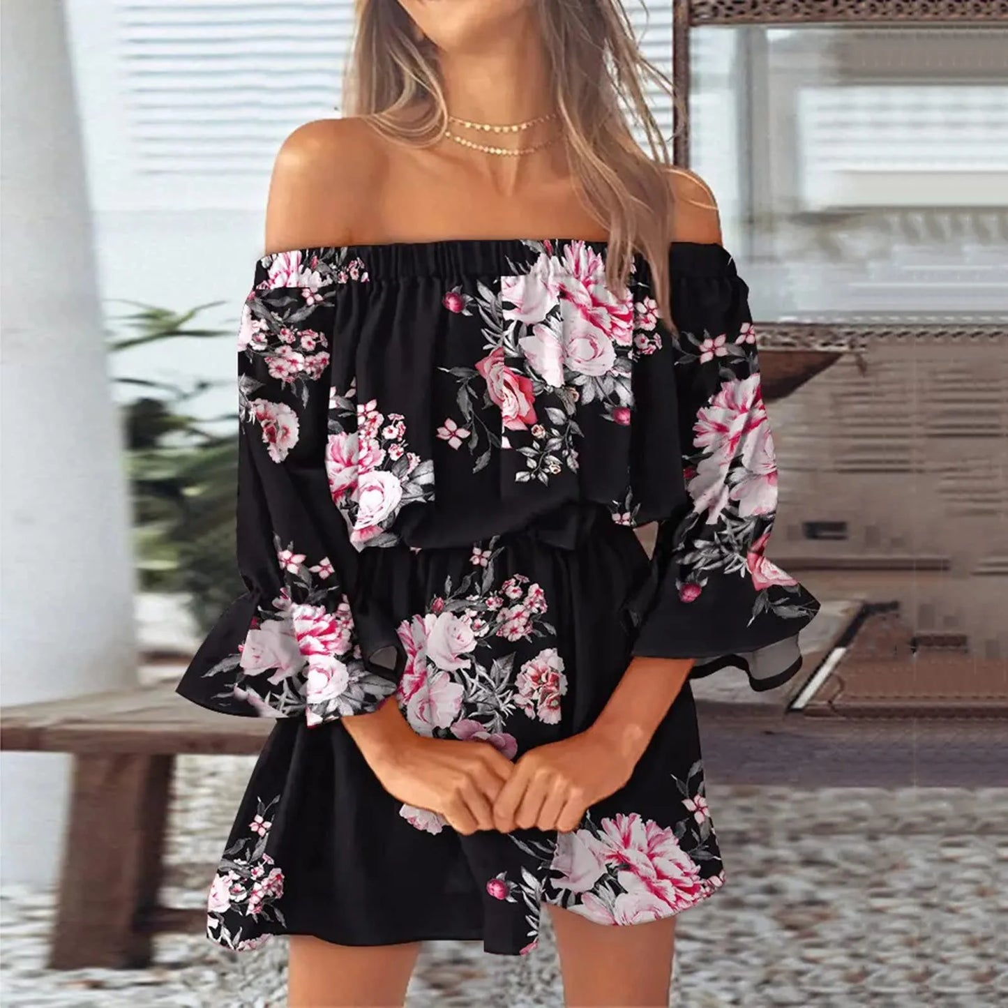Summer Sexy Off Shoulder Party Dress Women Sexy Print Tunic Sundresses Casual Loose Fit Bell Sleeve Mini Dress