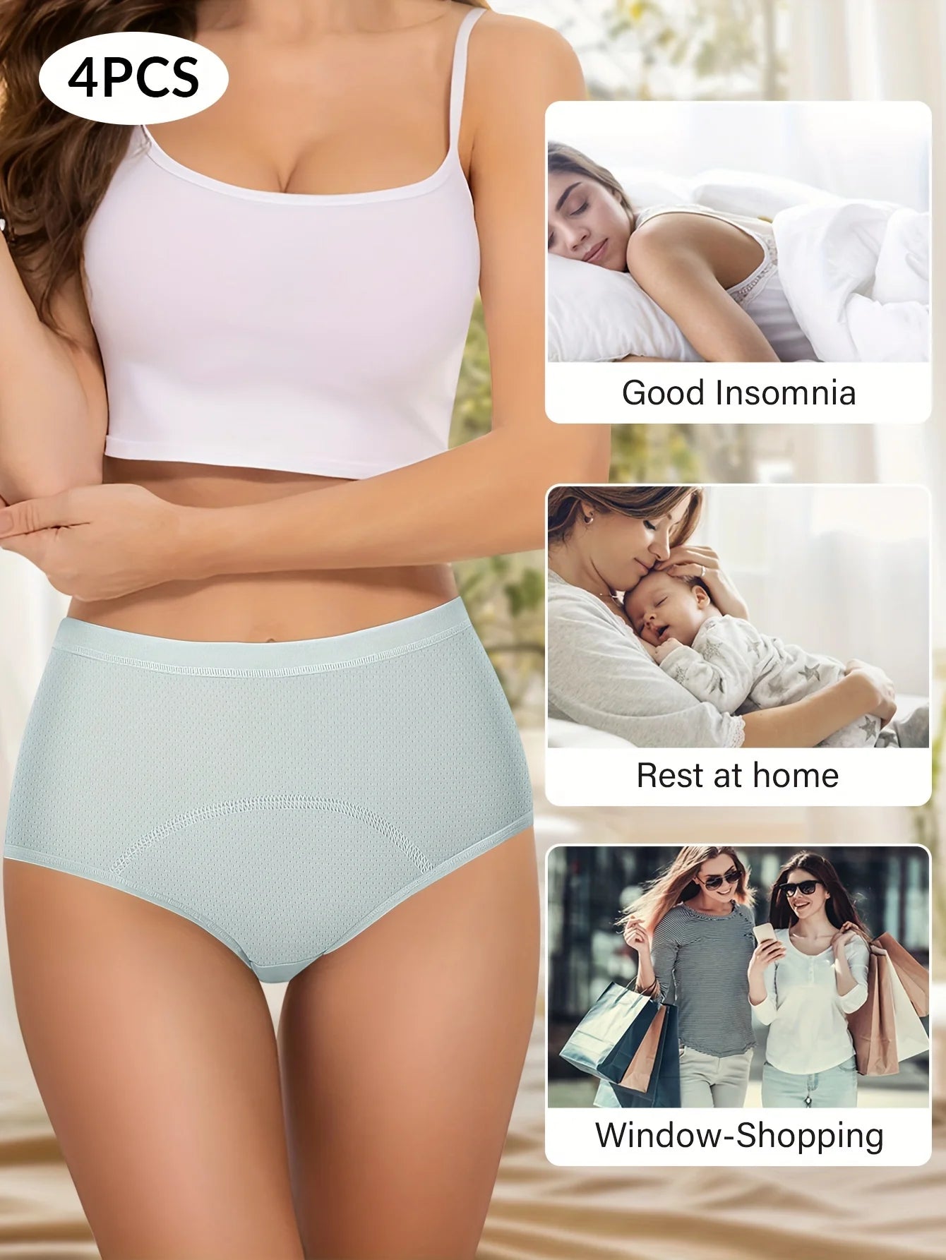 4pcs Physiology Women's Panties Breathable Mesh Silk Traceless Menstrual Leakage Prevention High Waisted Tummy Tightening
