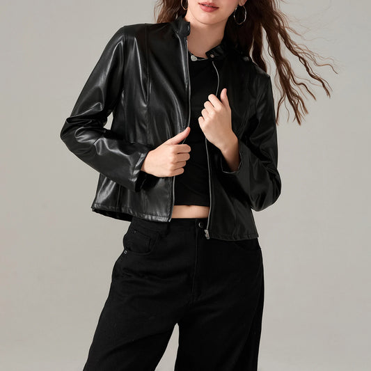 Faux Leather Jacket Biker Jacket Outerwear Long Sleeve Zipper Short Jacket