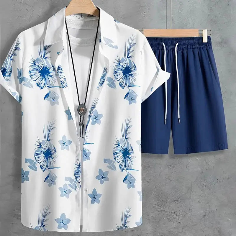 Fun 3D Flower Pattern Men's Hawaiian Shirt Sets Summer Short Sleeve Tops Beach Shorts 2 Piece Casual Vacation Outfit Clothing