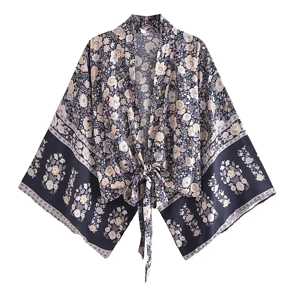 Hippie Queens Floral Print Sashes Short  Kimono Women Fashion V Neck Batwing Sleeves Lady Boho Bikini Cover-ups