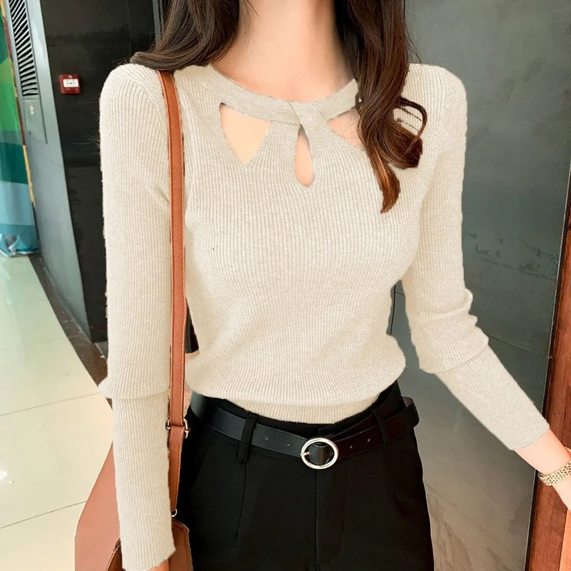 Women's O-neck Stretch Sexy Pullover Hollow Solid Color Sweater Bottoming Shirt Jumper