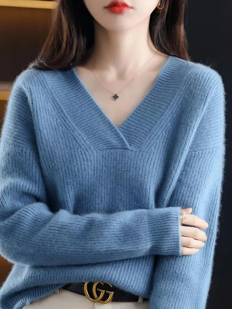 V-Neck Autumn Winter Sweater Pullovers Women's Loose Thick Cashmere Sweater Pullover Women Oversize Sweater Jumper