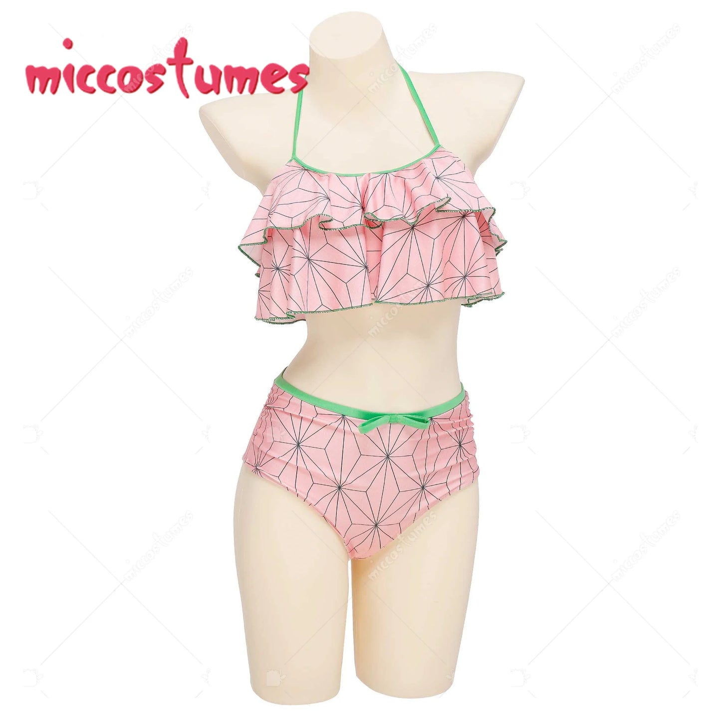 Two Piece  Swimsuit V Neck High Waist Lace Up Bathing Suit Swimwear Kimono Cover Up