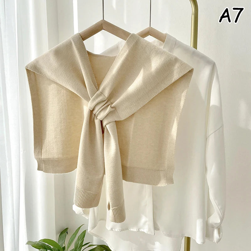 Neck Guard Scarf Solid Color Woman's Knitted Warm Shawl Winter Wool  Shoulders Fake Collar Cape Knotted Scarf