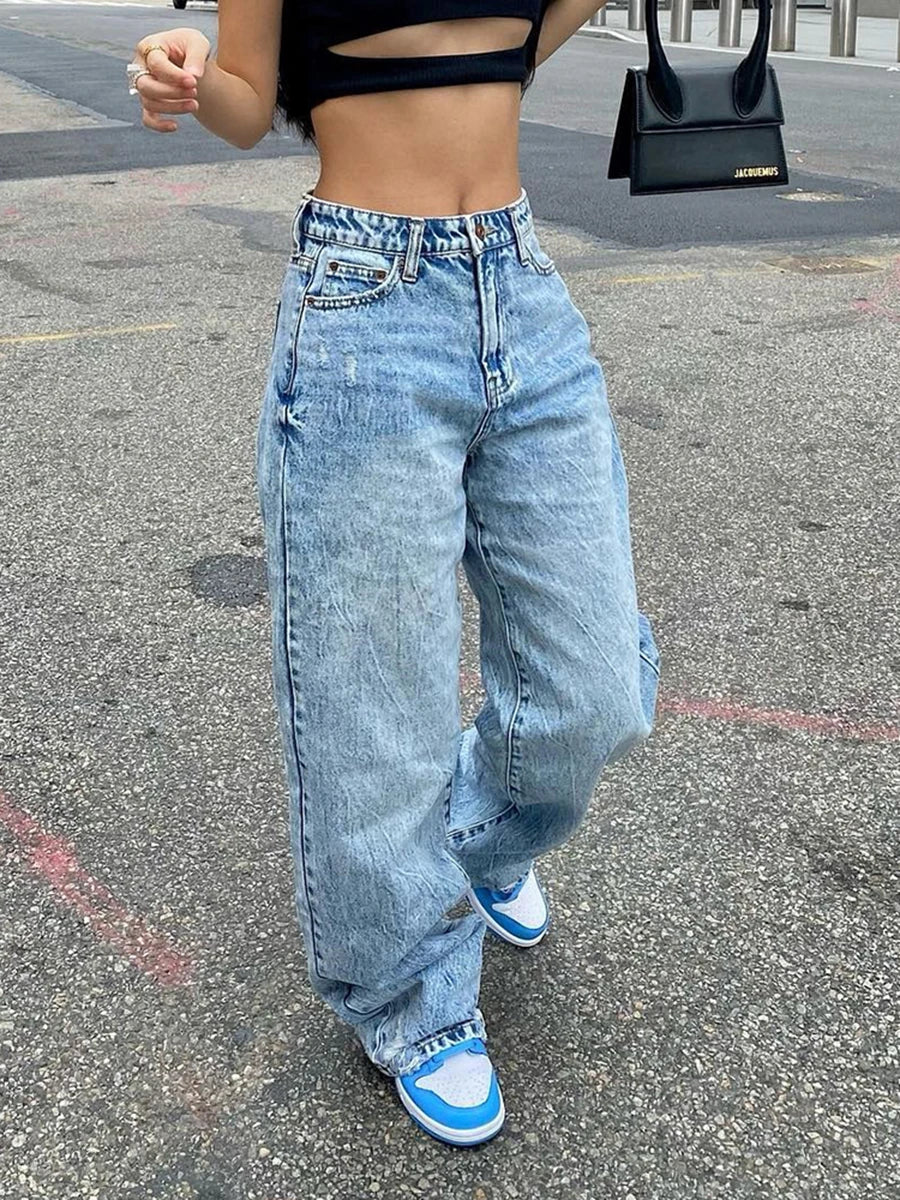 Women s Stylish High Waist Loose Fit Denim Jeans with Classic Straight Leg Design and Functional Pockets
