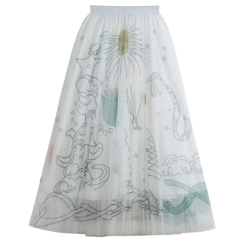 Casual Graffiti Print Pleated Midi Skirt