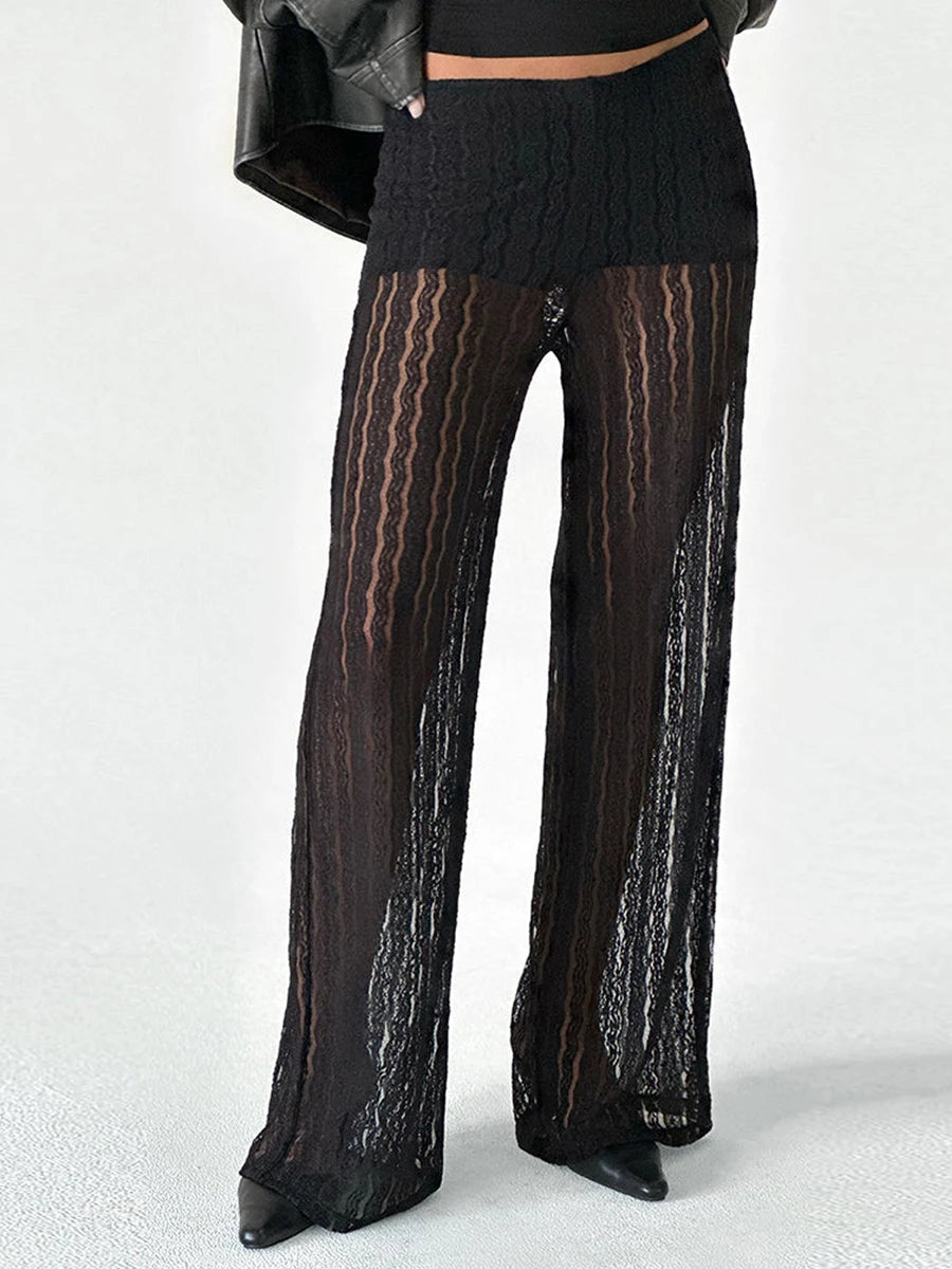Elegant Lace Trousers with Sheer Details and Flowy Wide Legs Perfect for Daily Wear or Party Events Featuring Elastic