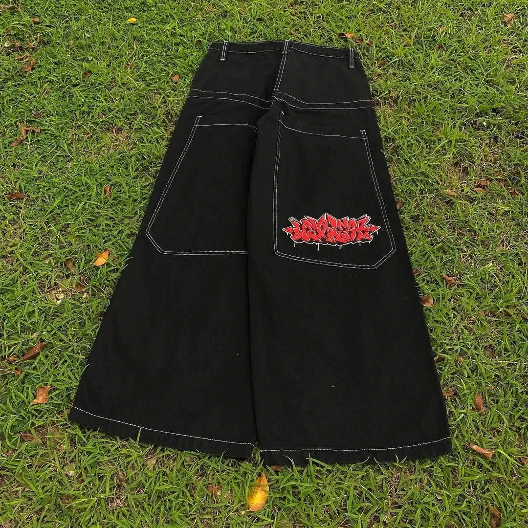 Gothic Retro American Cross Embroidery Patchwork Baggy Jeans  Streetwear Casual Straight Wide-leg Pants