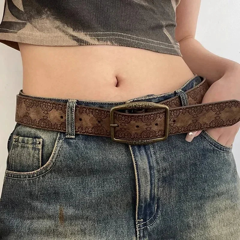 Pattern Print Retro Belts For Women Luxury Designer Brand Buckle Pin Waist Belt Female Pu Leather Fashion Waistband