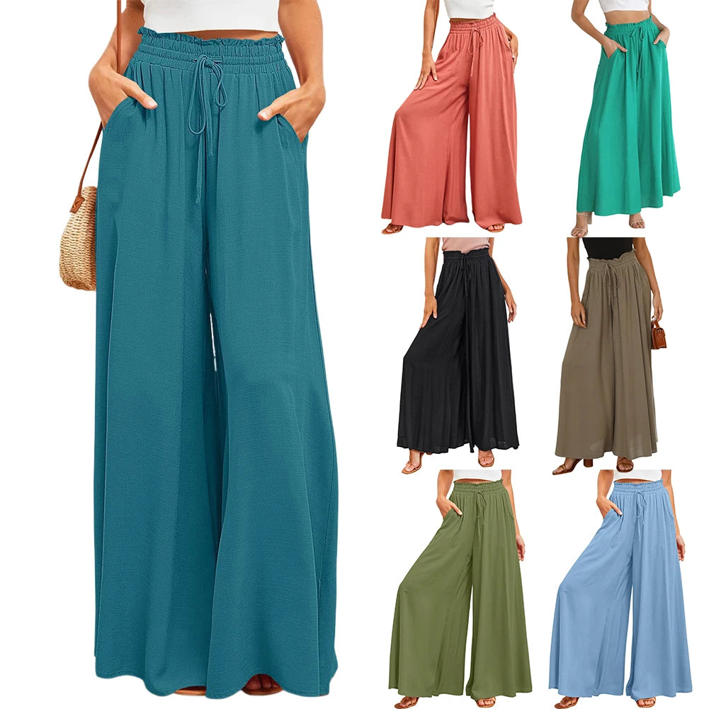 Women High Waisted Palazzo style pants with Elastic Waistband Drawstring Long Trouser Solid Color Casual Long Pants