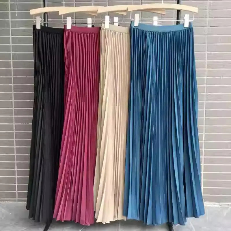Elegant Pleated Skirt High Waist Women's Long Skirt Ladies High Quality Midi Skirt