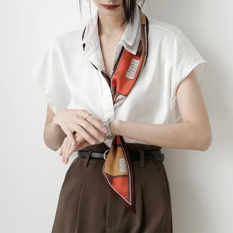 Summer  Office  Lacing Polo-Neck Short Sleeve Chiffon Shirts