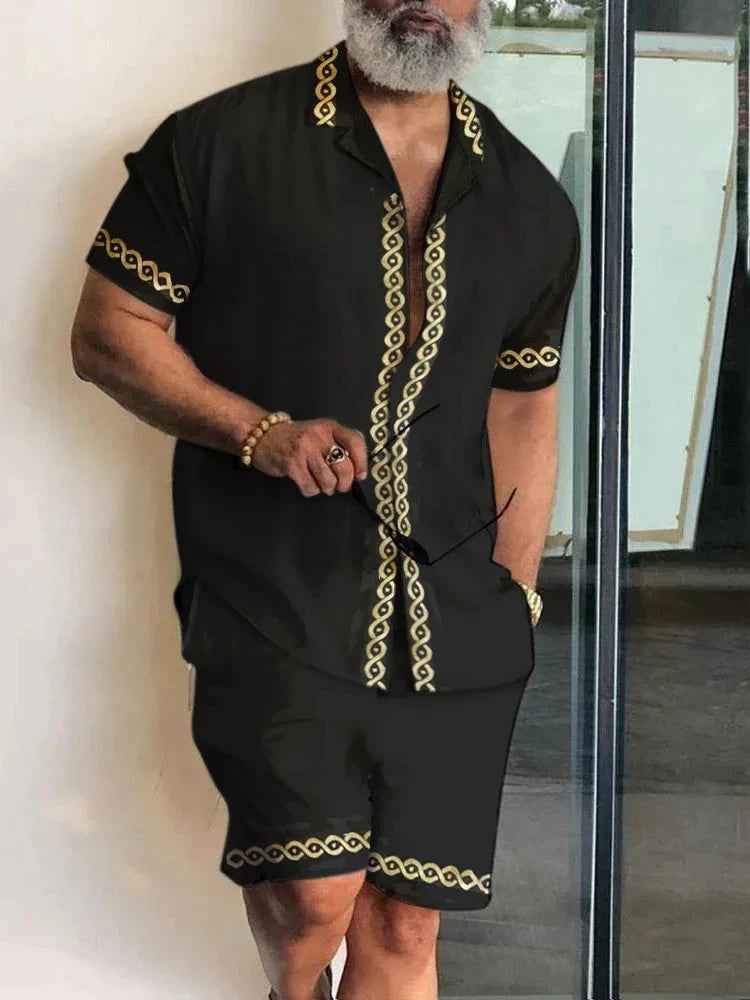 Summer Men's Temperament Shirt Set Men's Hawaii Vacation Short Sleeve Top Drawstring Shorts 2 Pcs Boutique