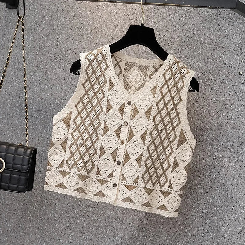Sexy Hollow Out Knit Tank Tops Women Color block  V Neck Floral Camisole Female Beach Style Crop Top