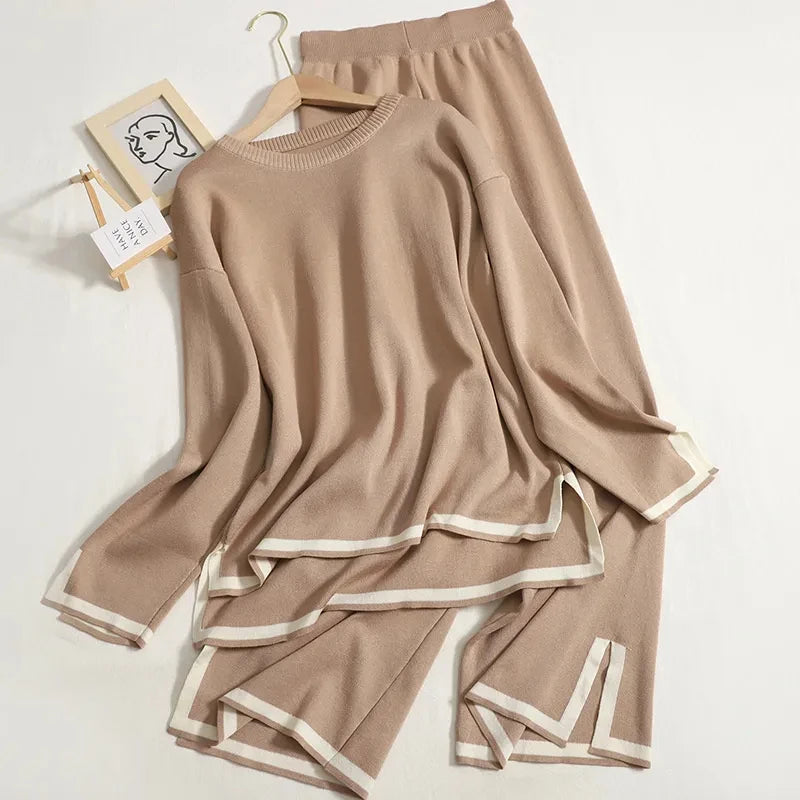 Elegant O-neck Side Slit Pullover Long Sleeve Sweater + Wide Leg Pants 2 Piece Sets Women's  Solid Color Casual Pantsuit