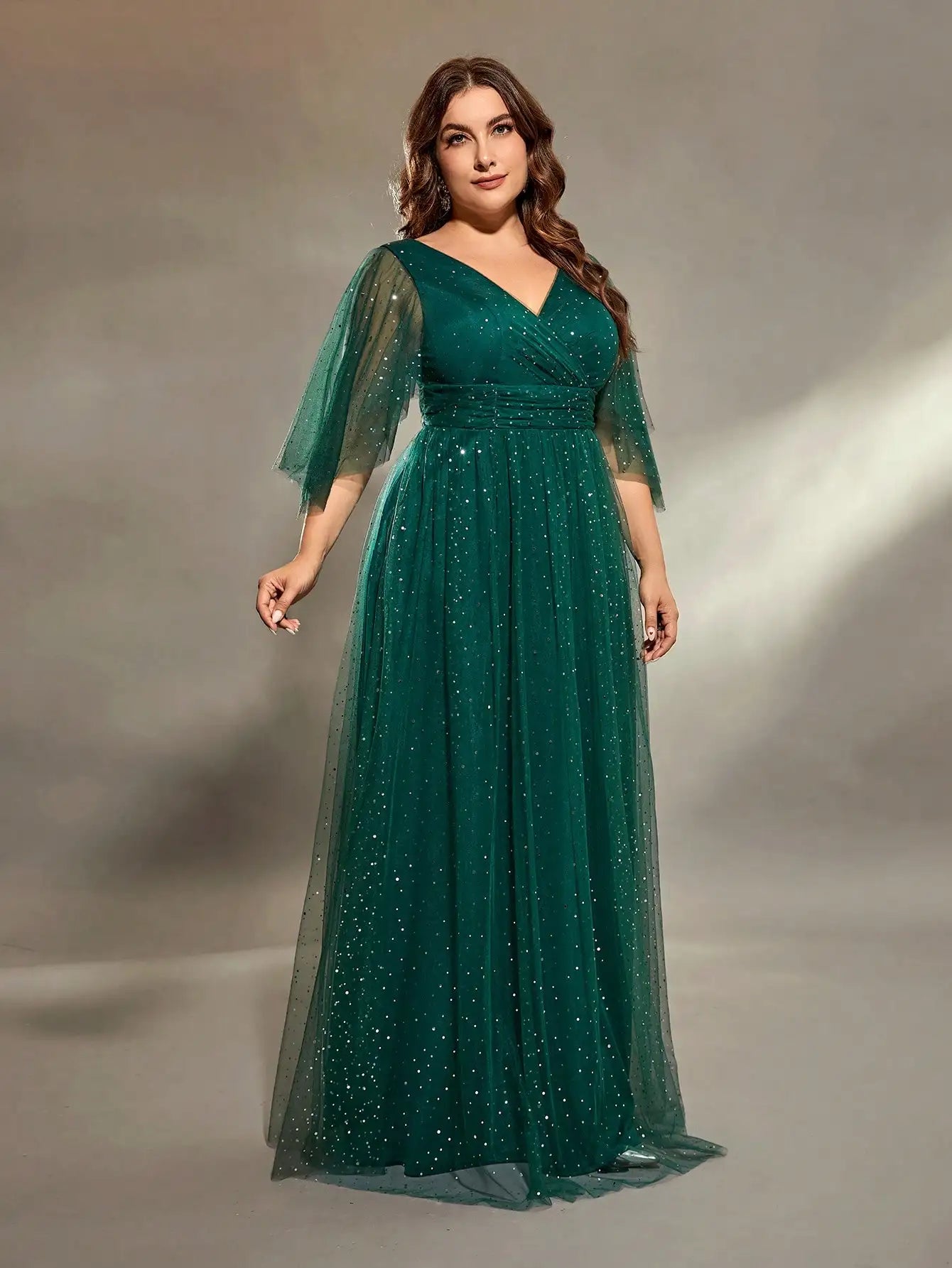 Plus size V-neck cross chest pleats long sleeve fillet netting A full skirt Evening gown Ball dress Prom dress