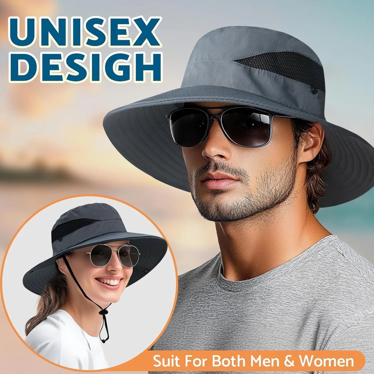 Sun Bucket Hat, male and female 3 "wide brimmed UPF 50+ bucket fishing and beach hat