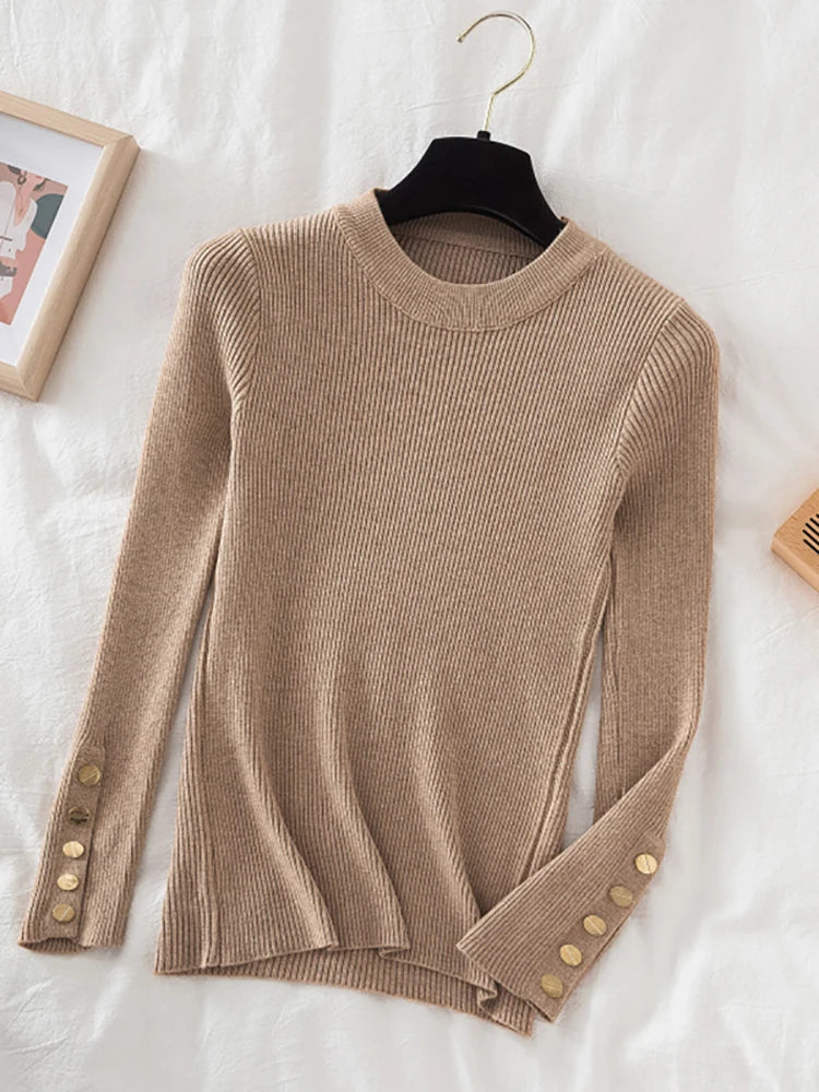 Women's thick sweater pullovers casual button o-neck chic sweater female knit top soft jumper tops