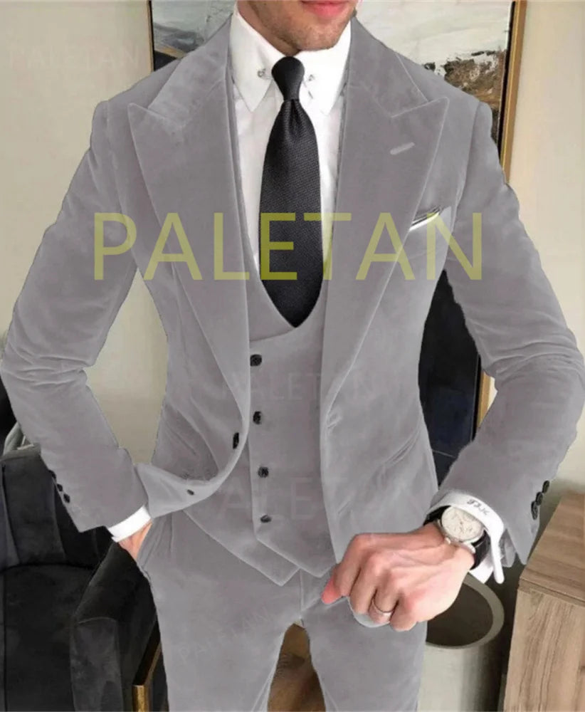 Business Velvet Blazer Sets Men's Suits Elegant Formal 3 Pieces Outfits Jacket+Pants+Vest