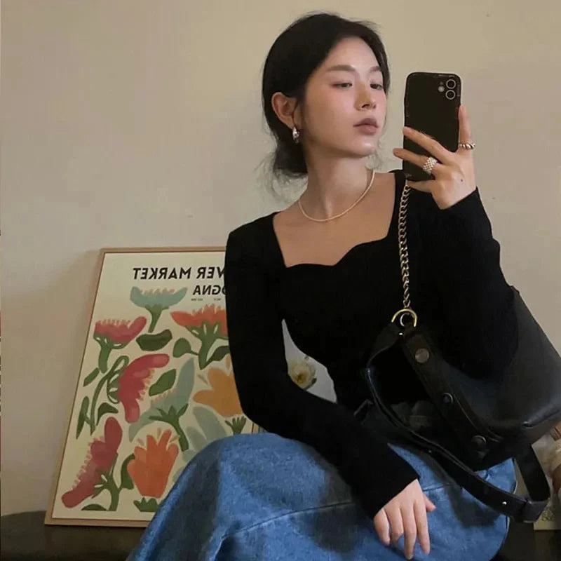 Knitted Pullovers Women Vintage Solid Sweaters Elegant Knitwear Square Collar All Match Jumpers