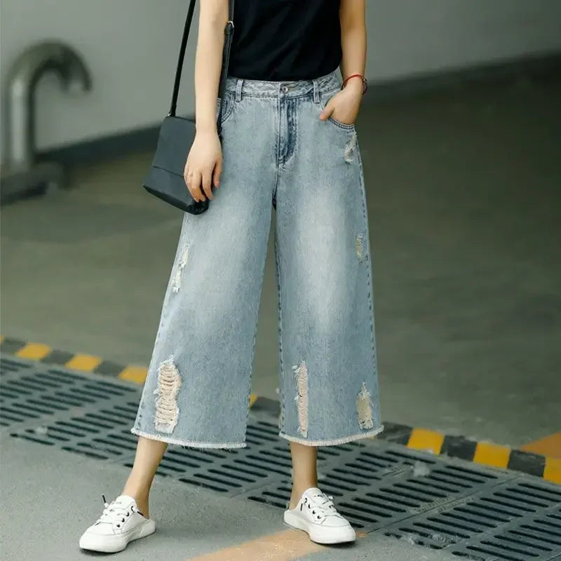 Capri Jeans Woman Ripped Jean Summer Clothes Baggy Capri Pants Wide Leg Denim High Waist Loose