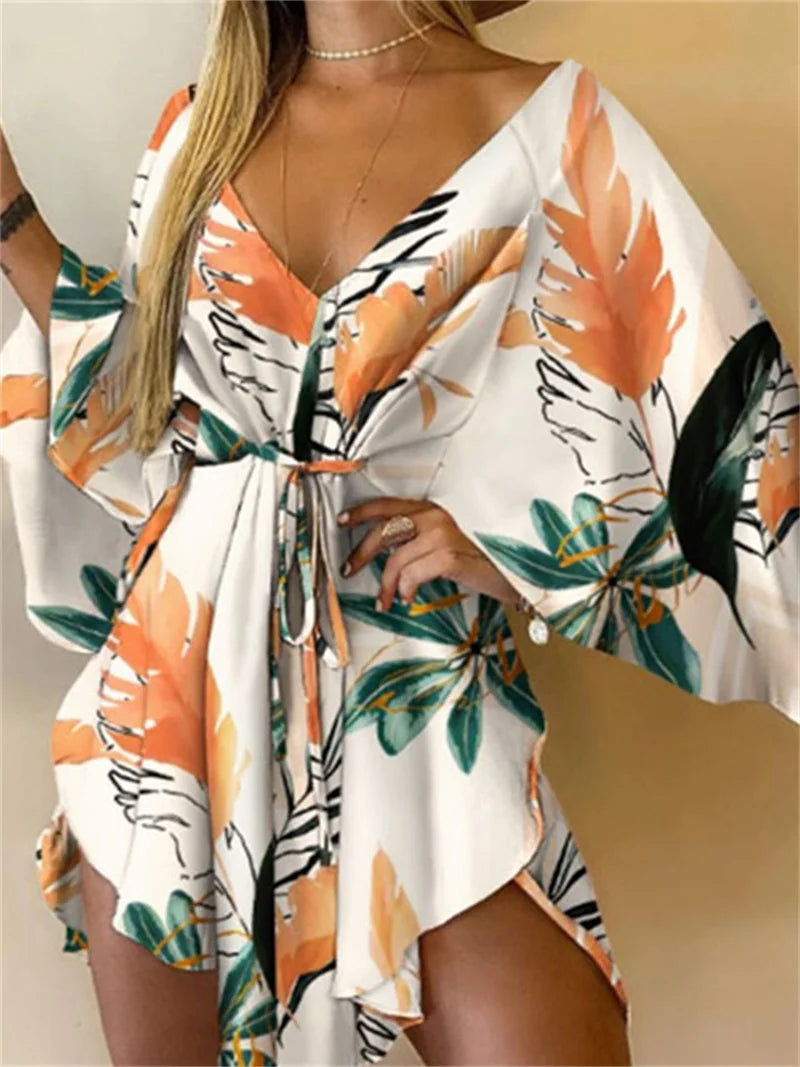 Women Print Dress Sexy V-Neck Bat Sleeve Ruffle Flowers Print Bohemian Beach Sundress Ladies Loose Summer Vacation Mini Dresses