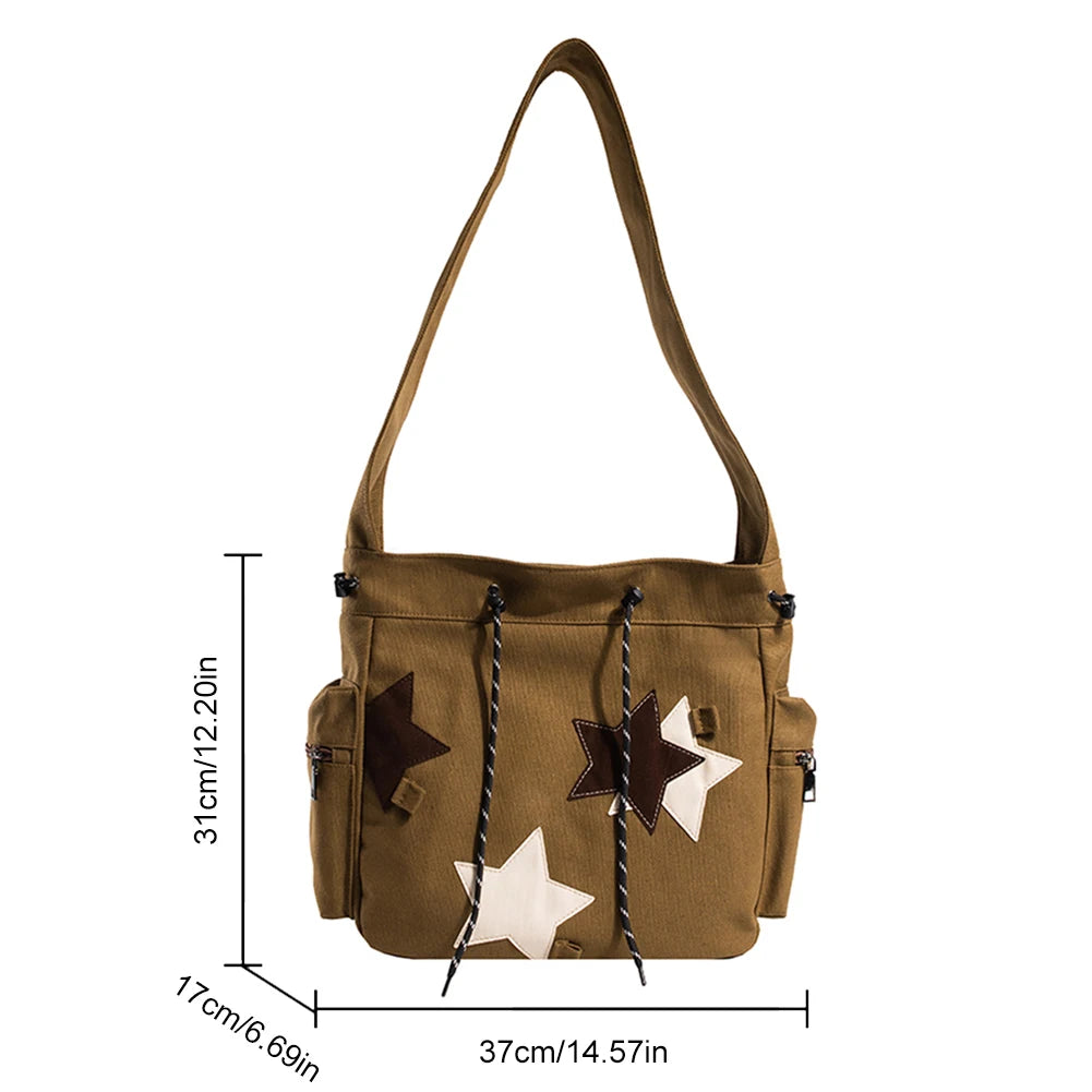 Women Casual Satchel Bag Large Capacity Canvas Star Applique  Street Style School Bag for Teens Students