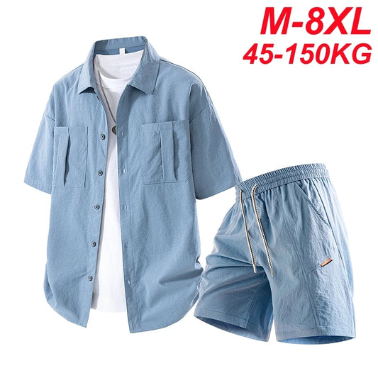 Summer Suits Men Plus Size Chest Pockets Sets Shirts Shorts Fashion Casual Polyester Tracksuit Male Clothes Big Size