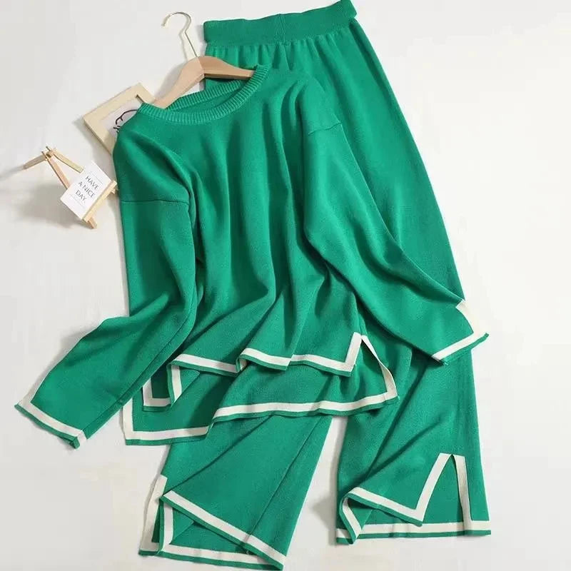 Elegant O-neck Side Slit Pullover Long Sleeve Sweater + Wide Leg Pants 2 Piece Sets Women's  Solid Color Casual Pantsuit