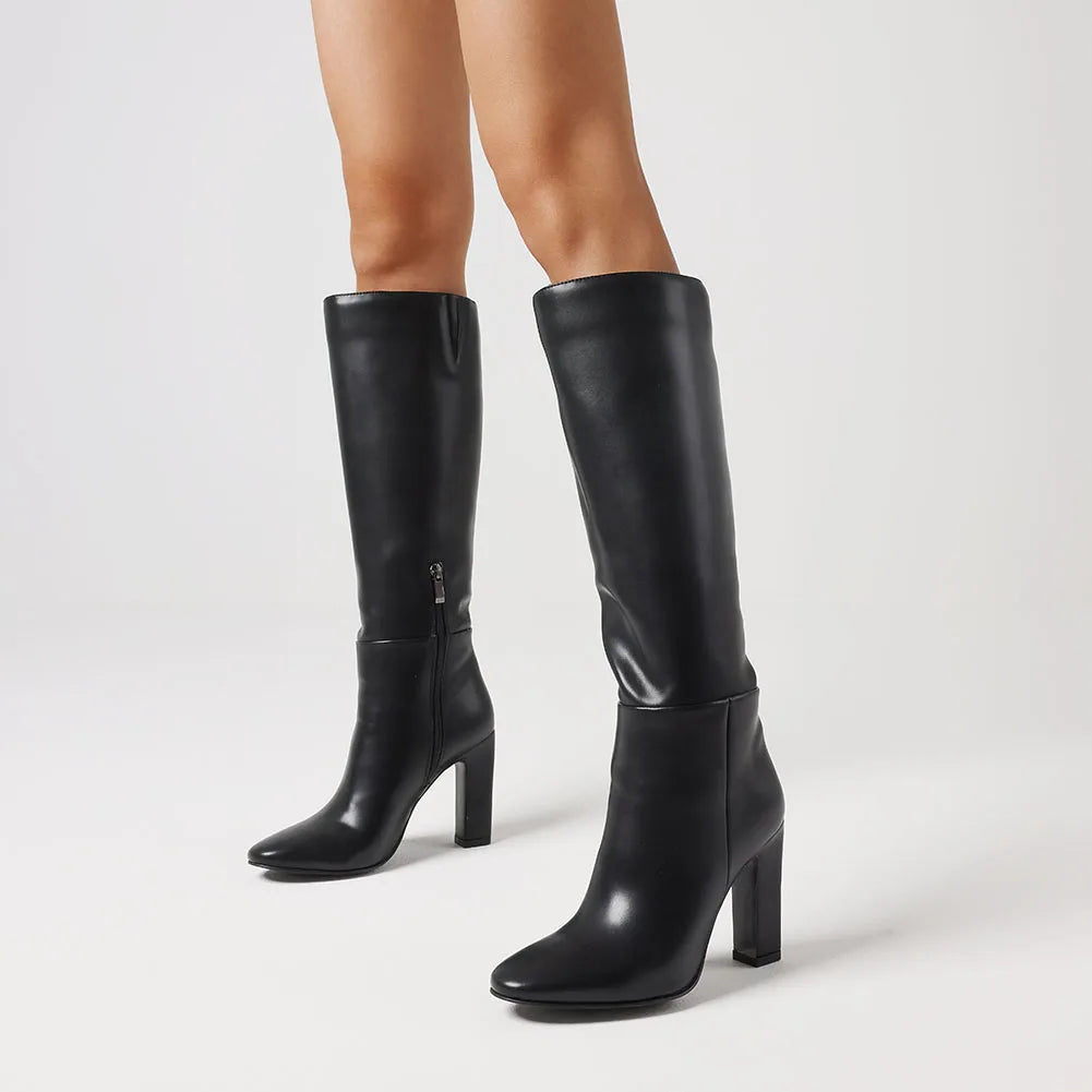 solid knee high boots fashion zipper thick high heels square toe boots