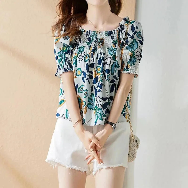 Square Collar Fashion All-match Printing  Puff Sleeve  Blouses
