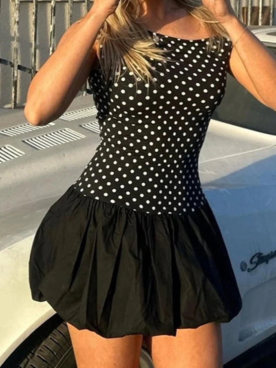 Elegant Print Sleeveless Mini Dress with V-Neckline and A-Line Silhouette for Summer Parties and Events
