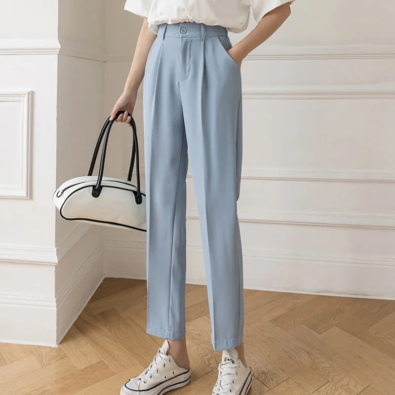 Fall Spring Suit Pants Women Fashion Elastic High Waist Casual Trousers Woman Solid Office Pant