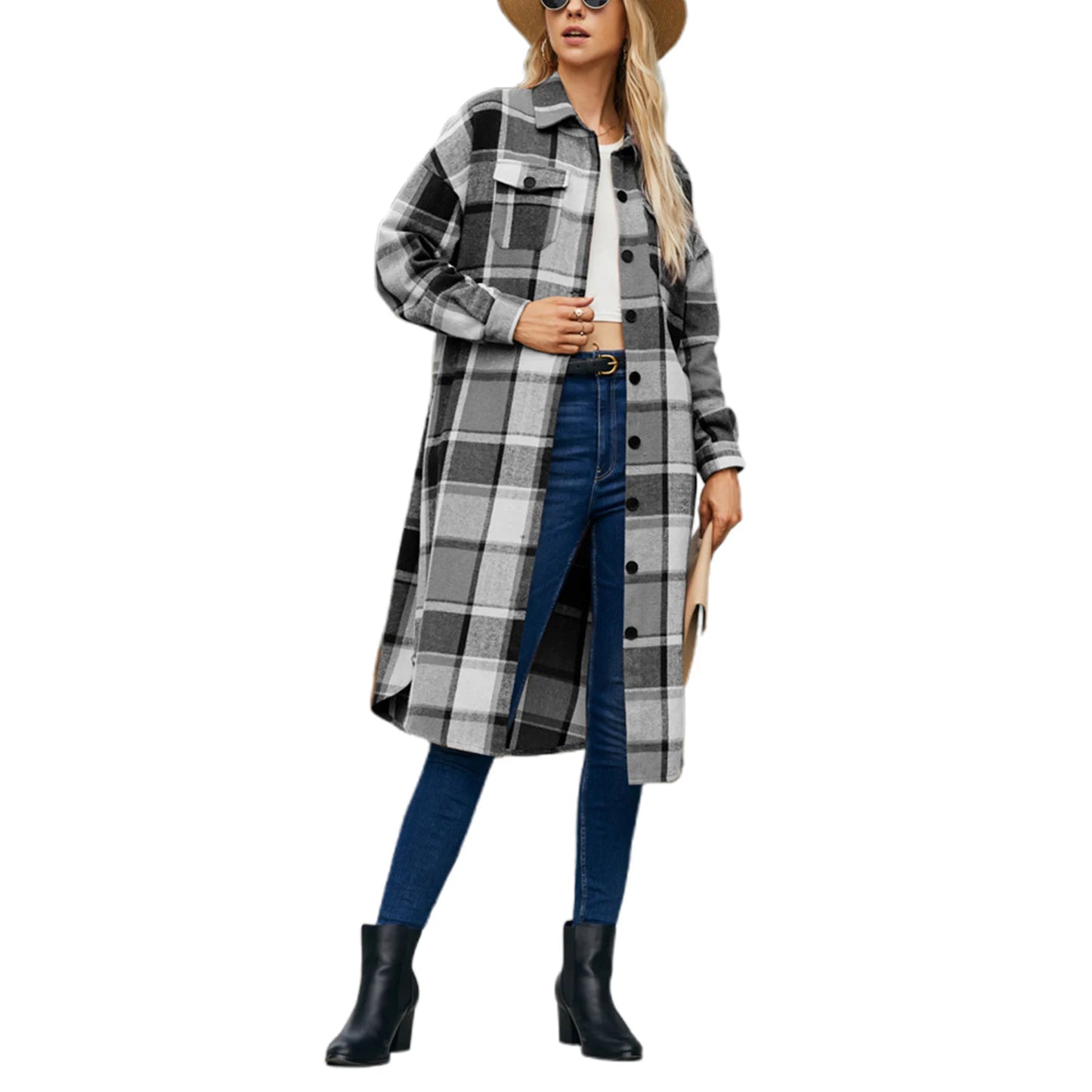 Plus Size Plaid Lapel Neck Long Sleeve Button Down Casual Streetwear Winter Jacket