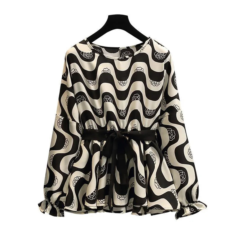Elegant Ruffles Printed Folds Bow Blouse