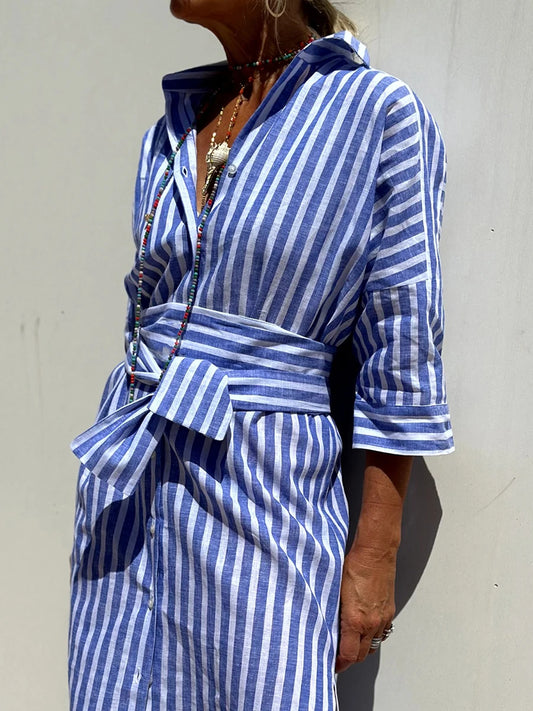 Casual V-Neck Short Sleeve Striped Button Up Midi Dress with Belt and Pockets