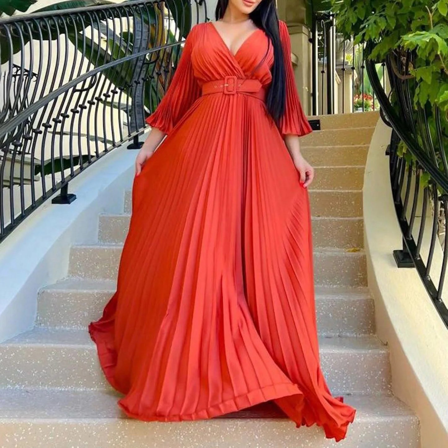 Women's Elegant Evening Dress Deep V Neck Flare Sleeve Pleated Prom Dress With Belt Formal Dresses For Women