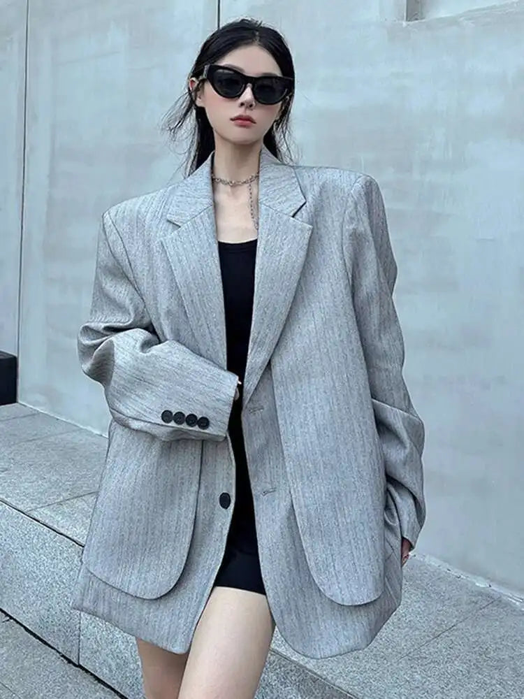 Women Gray Fake Two Pieces Big Size Blazer Lapel Long Sleeve Shoulder Pad Jacket Fashion