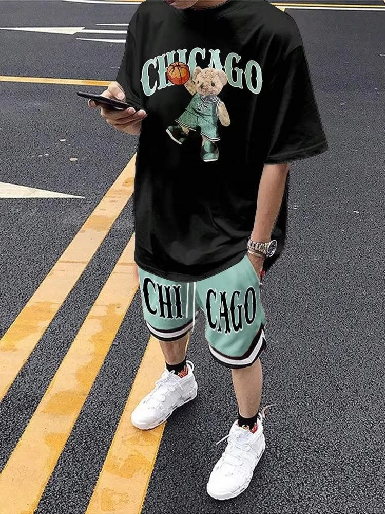Cartoon Bear 3D Printed Men's Round Neck Short Sleeve 2-piece Set Urban Street Trendy Men's Top Outdoor Men's Drawstring Shorts