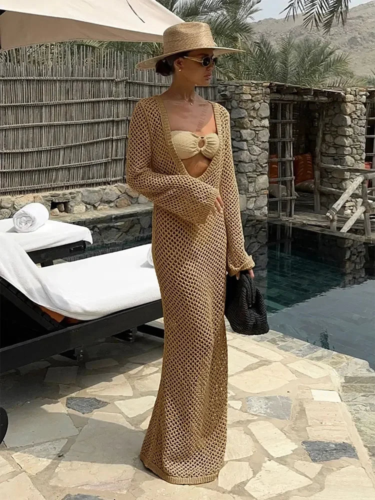 Sexy U-neck Bell Sleeve Knit Maxi Dress Women's Swimwear Bikini Cover-ups  Crochet Beach Outfit