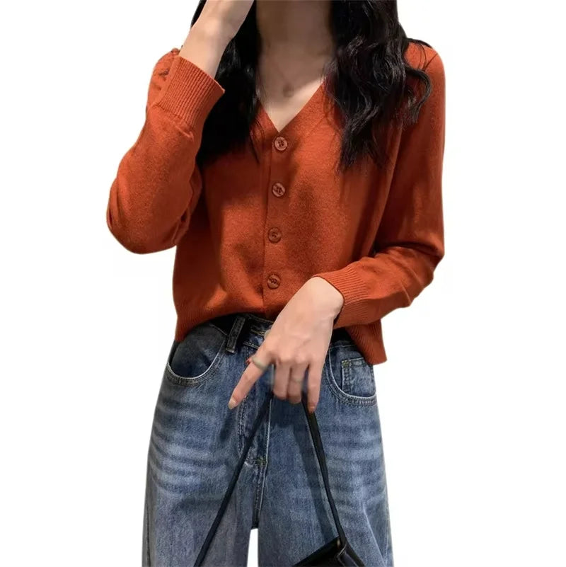 Women's Long Sleeve Cropped Cardigan V Neck Button Down Knit Single-breasted Cardigan Sweaters