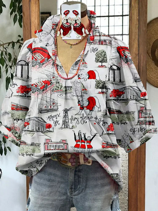 Contrast Bulldog Print Puff Sleeve  Blouse