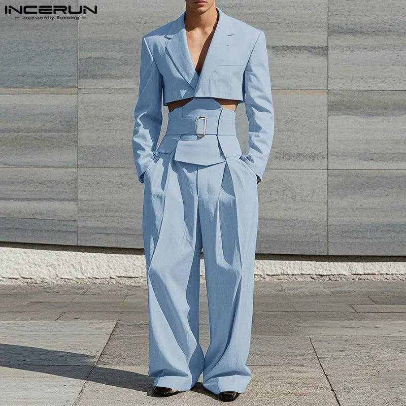 Fashion Casual Style Sets  Men's Cropped Waistband Design Suit Wide Leg Long Pant Handsome Male Solid Suit 2 Pieces