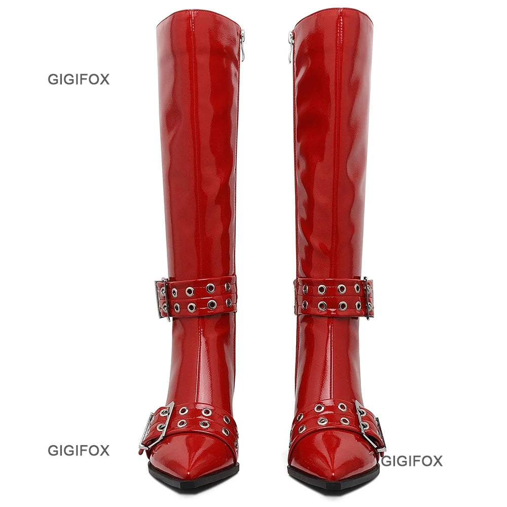 Pointed Toe Women Zipper Knee-high Boots Chunky High Heel Patent Leather Metal Buckle Shoes