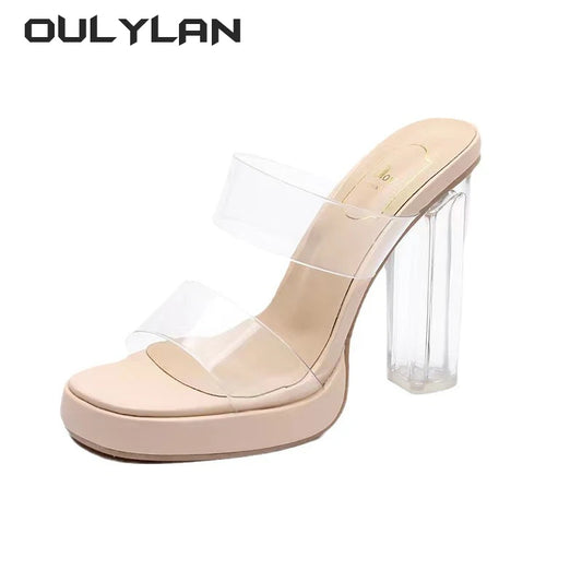 Summer Sexy Shoes Sheepskin Transparent High Heels Sandals for Outdoor Crystal Thick Heels