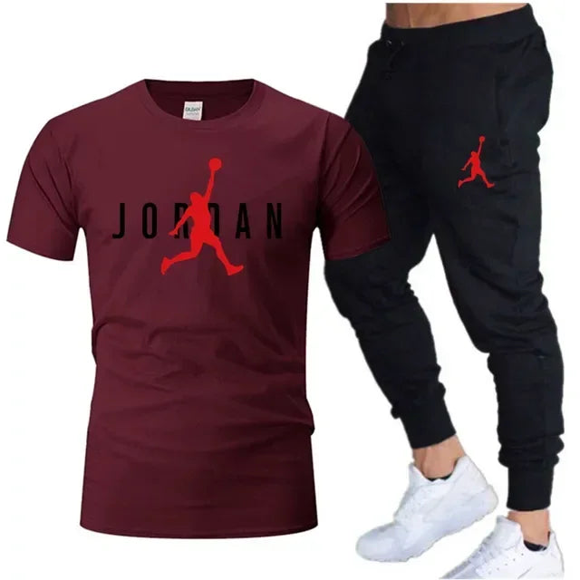 Summer Men's Tracksuit Suit Brand Short Sleeve T-Shirt + Trousers 2-Piece Sets Fitness Jogging Sports Pants Sportswear Suit