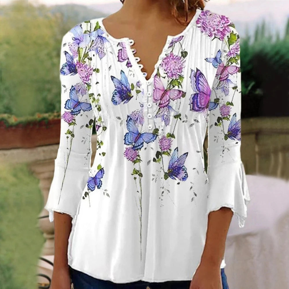 Summer Street Fashion Button-Down T-Shirt Loose Women'S Comfortable Clothing Shirt 3d Printed Trend Seven-Quarter Sleeve Top